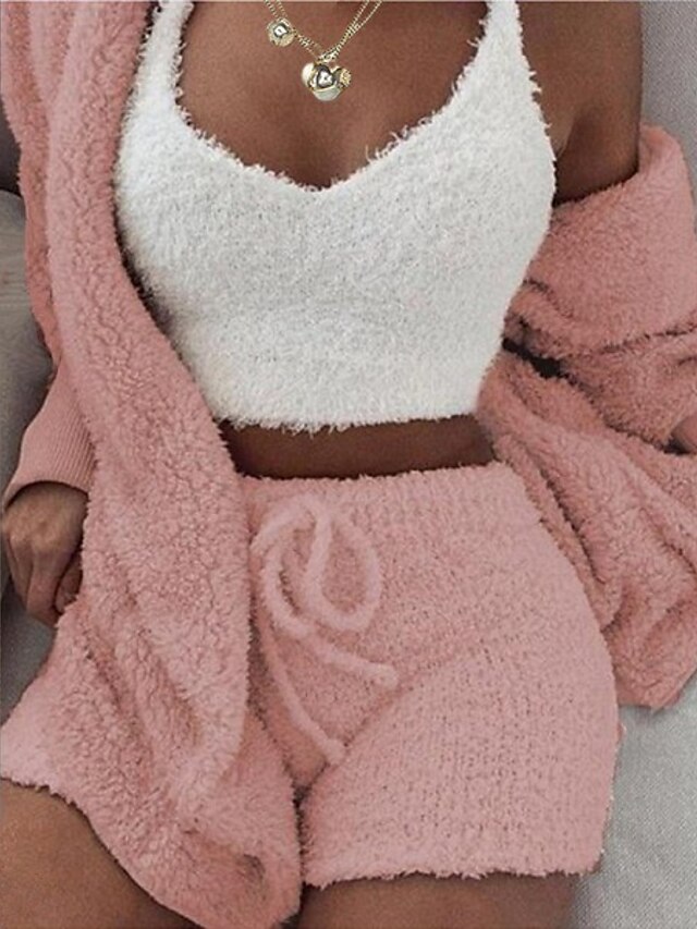  Women's Warm Gift Pajamas Sets Home Party Street Valentine's Day Polyester Plush Simple Soft Sport Strap Top Shorts Fall Long Sleeve Sleeveless