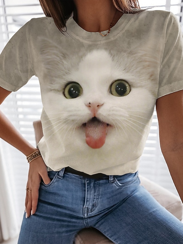  Damen T Shirt Tier Katze 3D Bedruckt Täglich Wochenende Basic Kurzarm Rundhalsausschnitt Braun
