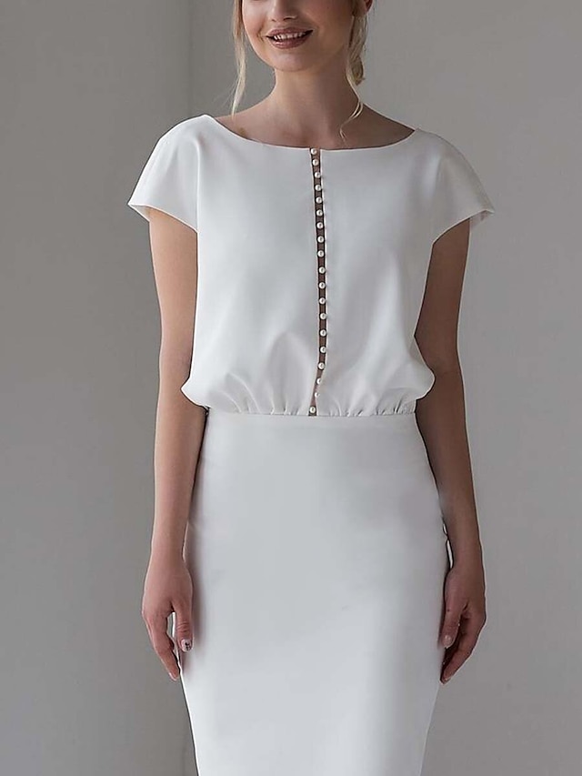  Women's Sheath Dress Knee Length Dress White Half Sleeve Solid Color Hollow Out Ruched Patchwork Spring Summer Round Neck Elegant Party 2022 S M L XL XXL