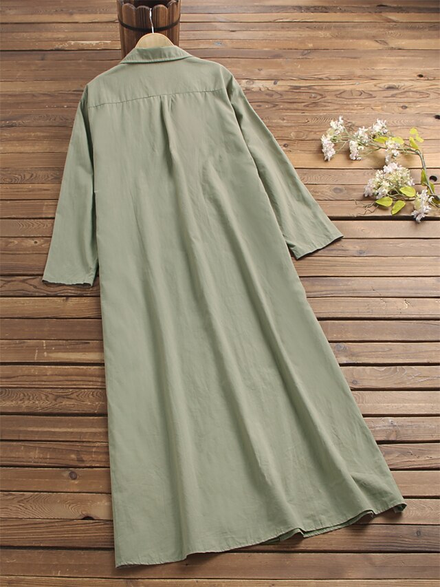 Women's Shirt Dress Maxi long Dress Long Sleeve Solid Color Pocket