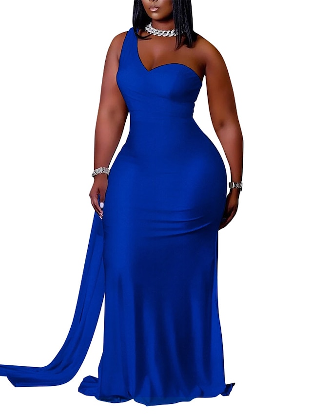 Womens Clothing Plus Size Collection | Womens Plus Size Sheath Dress Solid Color One Shoulder Short Sleeve Fall Summer Formal Se