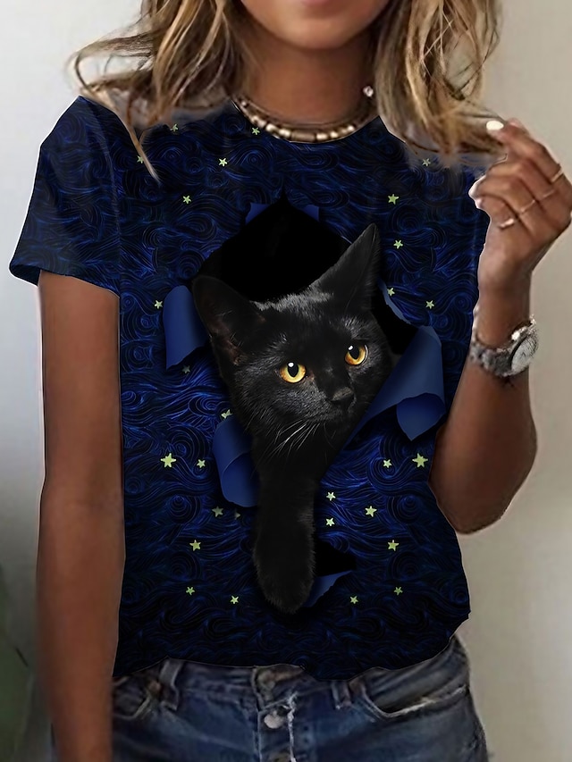  Women's Cat 3D Animal Daily Weekend 3D Cat Painting Short Sleeve T shirt Tee Round Neck Print Basic Essential Tops Black S / 3D Print