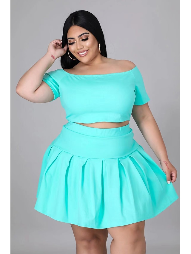 Womens Clothing Plus Size Collection | Womens Plus Size Two Piece Dress Solid Color Wide collar Short Sleeve Spring Summer Casua