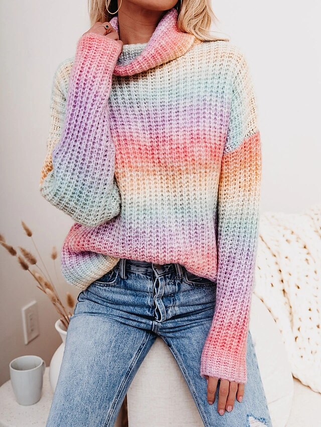 Womens Clothing Sweaters & Cardigans | Womens Pullover Sweater Jumper crochet waffle Knit Knitted Rainbow Turtleneck Stylish Bas