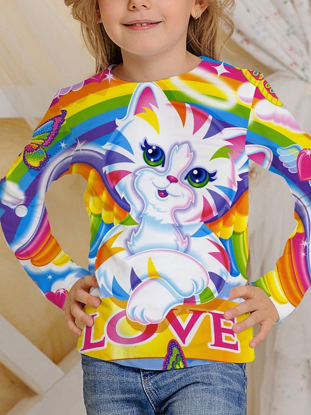  女の子 3D 動物 猫 Tシャツ Ｔシャツ 長袖 3Dプリント 秋 活発的 ポリエステル 子供 4〜12年 学校 デイリーウェア レギュラー
