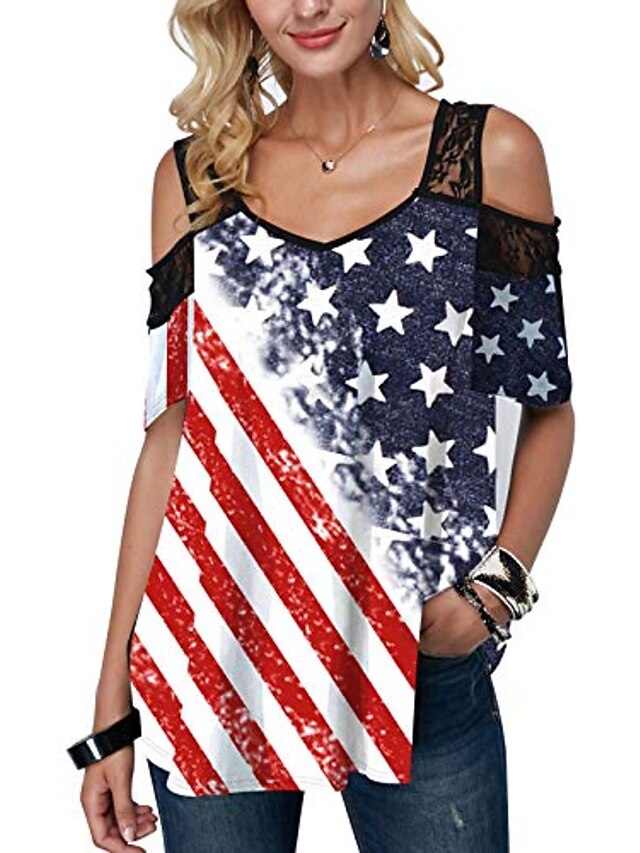 4th of july lace cold shoulder t-shirt women american flag striped star ...