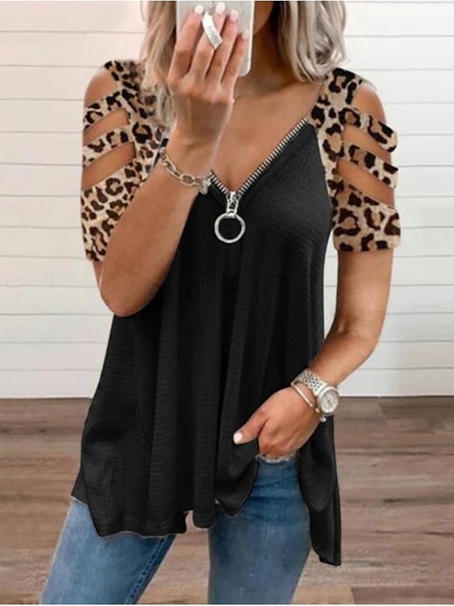  Women's Blouse Shirt Eyelet top Pink Khaki Gray Leopard Patchwork Zipper Short Sleeve Daily Weekend Basic Streetwear V Neck Regular S / Cut Out / Print