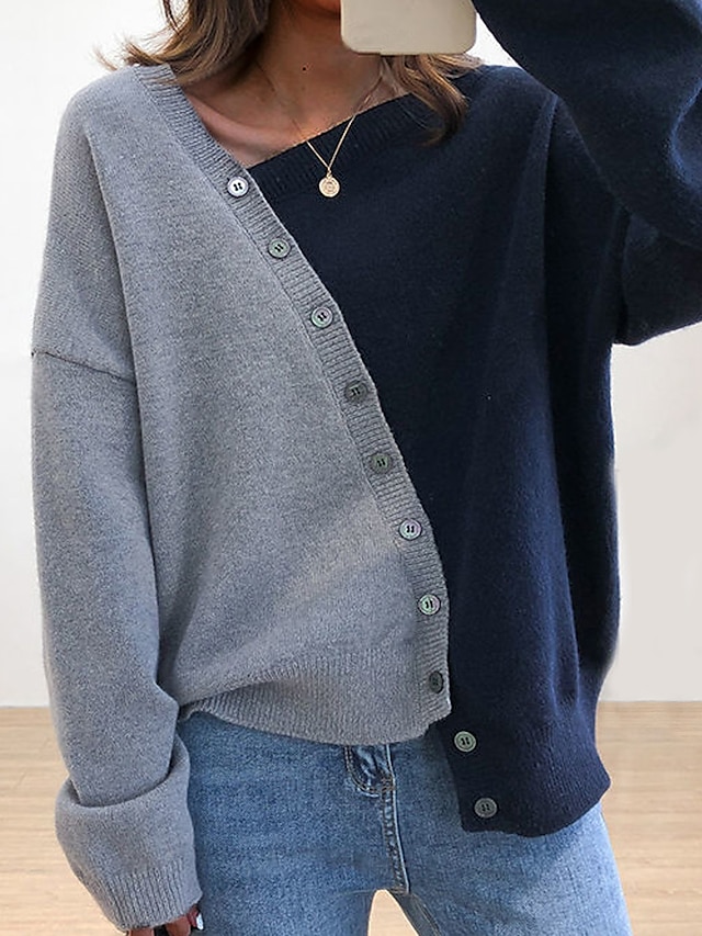 Womens Clothing Sweaters & Cardigans | Womens Pullover Sweater Jumper Knit Patchwork Button Solid Color V Neck Stylish Casual St