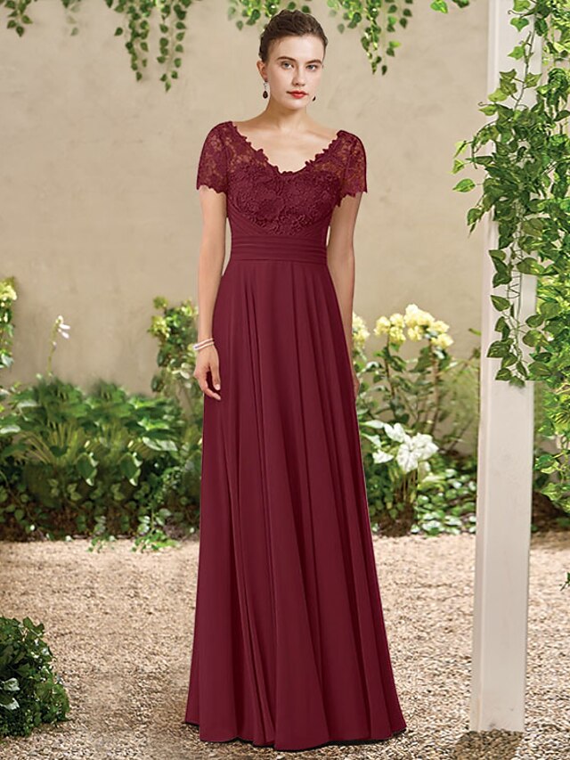 A Line Mother Of The Bride Dress Elegant V Neck Floor Length Chiffon Lace Short Sleeve With 4035