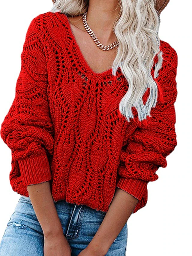 Women's Jumper Crochet Knit Hollow Out Knitted Solid Color V Neck ...