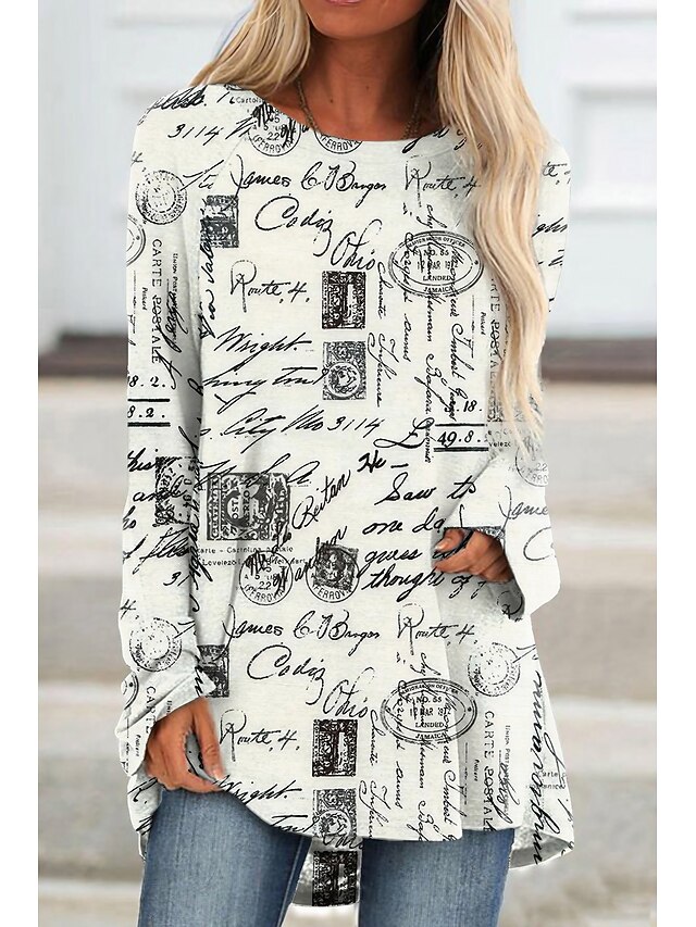 Women's T shirt Long Sleeve Tee Tunic Black White Yellow Graphic Floral Print Long Sleeve Casual Weekend Tunic Vintage Round Neck Long Regular Fit Abstract Painting Plus Size L Prefall3