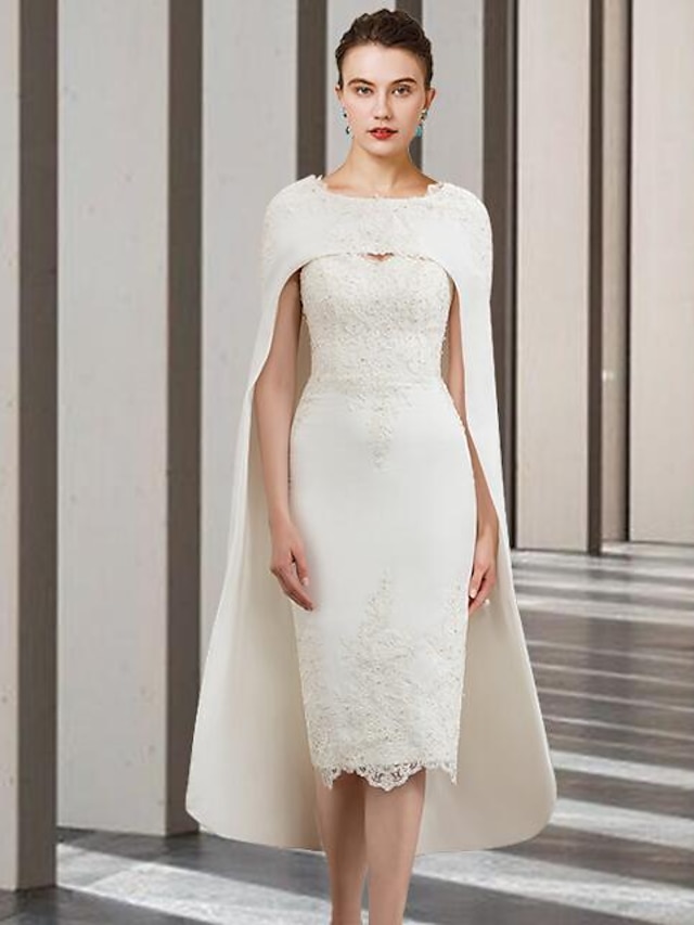  Two Piece Sheath / Column Mother of the Bride Dress Wedding Guest Church Elegant Jewel Neck Knee Length Chiffon Lace Sleeveless with Beading Appliques 2024