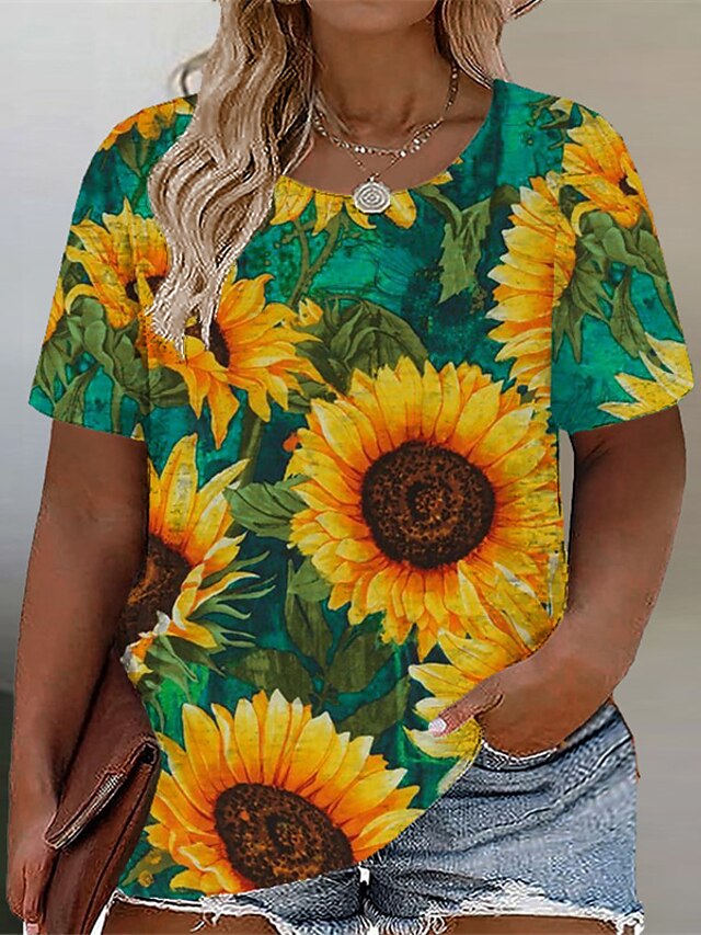 Womens Clothing Plus Size Collection | Womens Plus Size Tops T shirt Graphic Sunflower Print Short Sleeve Crewneck Basic Streetw