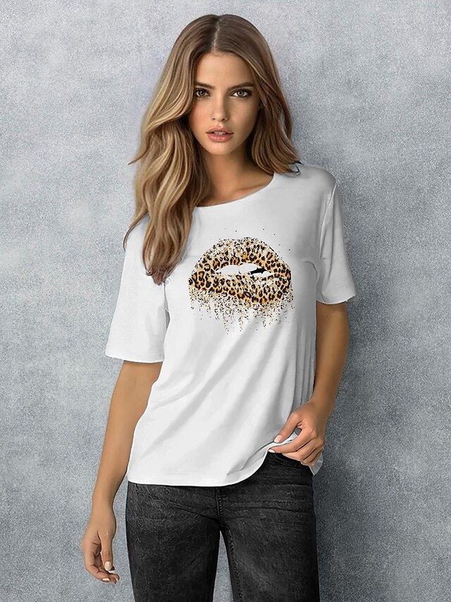 Womens Clothing Womens Tops | Womens Casual Daily Weekend Leopard T shirt Tee Leopard Cheetah Print Short Sleeve Print Round Nec