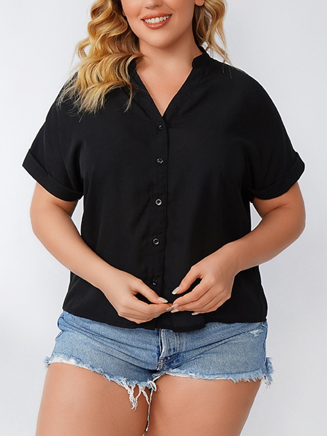 Womens Clothing Plus Size Collection | Womens Plus Size Tops Blouse Shirt Plain Button Short Sleeve V Neck Basic Daily Weekend P