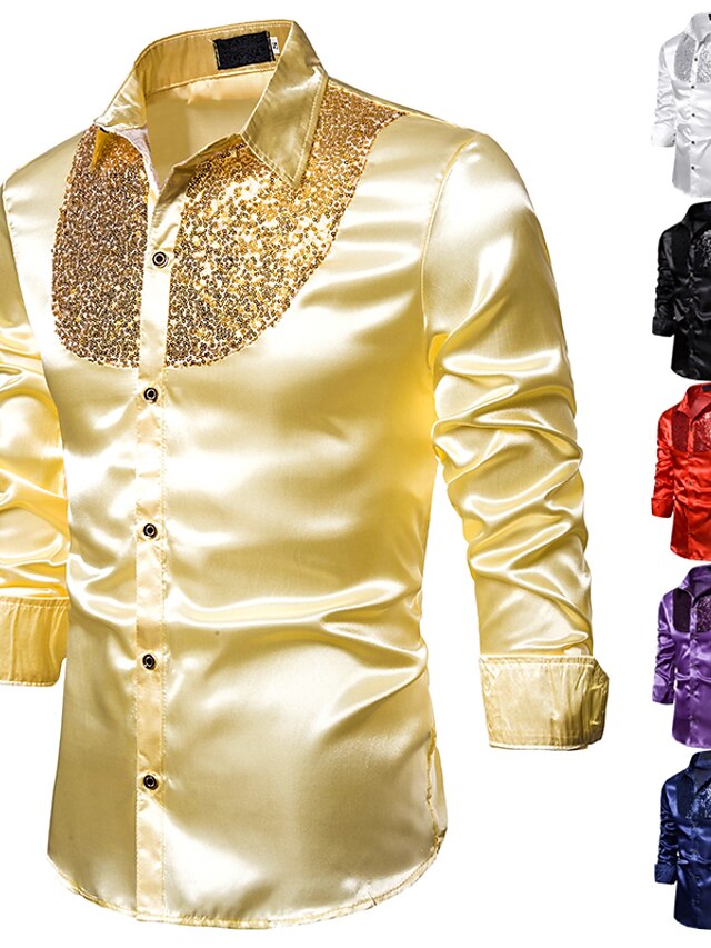 Mens Clothing Mens Shirts | Mens Shirt Solid Colored Collar Classic Collar Performance Club Sequins Long Sleeve Tops Basic Sexy 