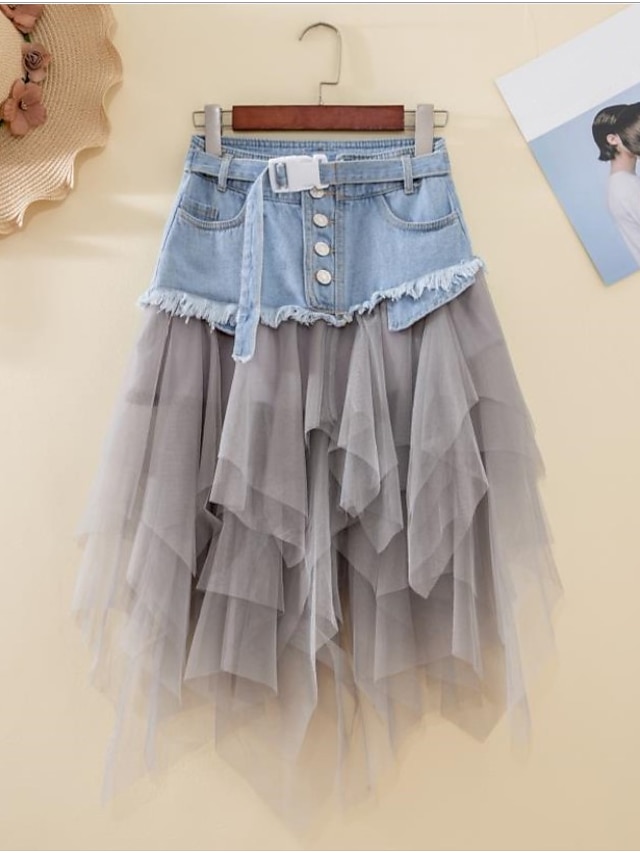  Women's Skirt A Line Asymmetrical Denim Black Light Blue Skirts Summer Tulle Belt Included Basic Long Carnival Costumes Ladies Daily Wear Vacation S M L