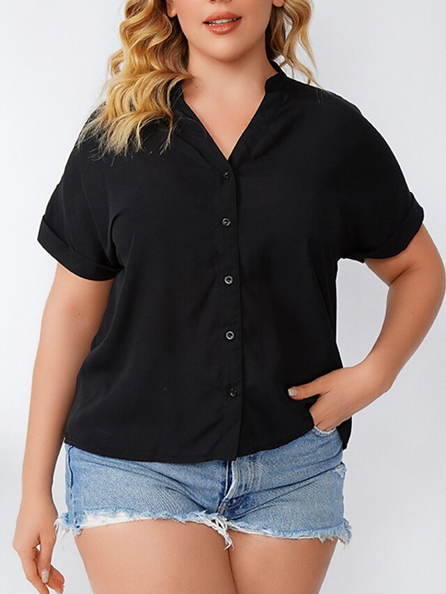 Womens Clothing Plus Size Collection | Womens Plus Size Tops Blouse Shirt Plain Button Short Sleeve V Neck Basic Daily Weekend P