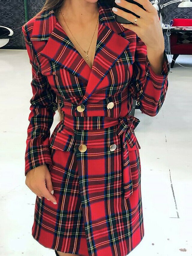 Womens Clothing Womens Dresses | Womens Shift Dress Short Mini Dress Red Long Sleeve Plaid / Check Lace up Button Print Fall Spr