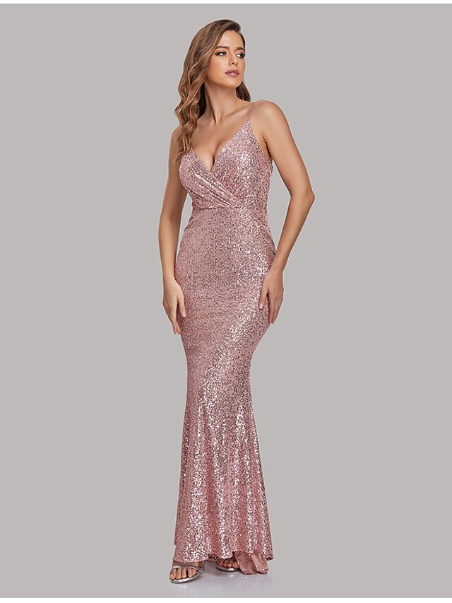 Womens Clothing Womens Dresses | Womens A Line Dress Maxi long Dress Pink Gold Sleeveless Solid Color Sequins Fall Spring Deep V