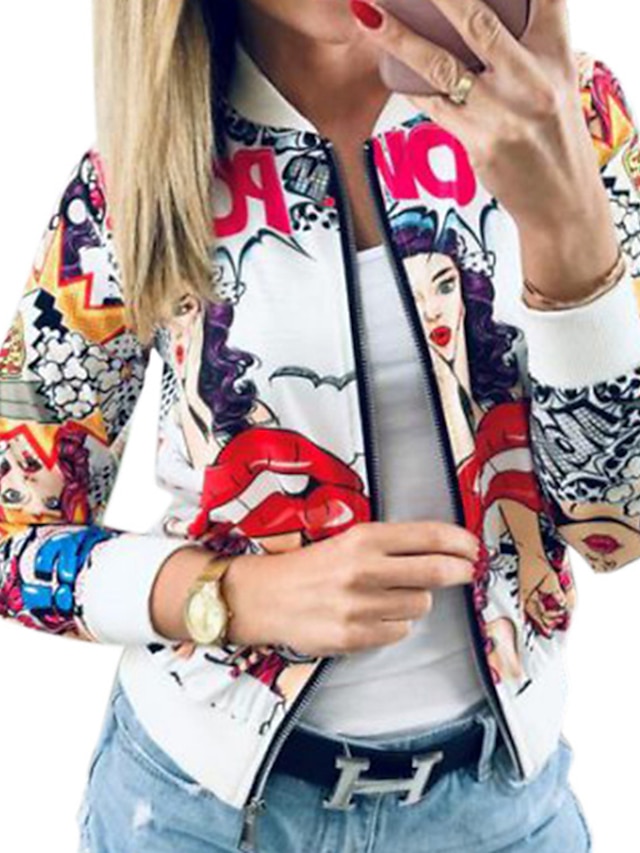  Women's Bomber Jacket Casual Jacket Varsity Jacket  Lips Print Regular Coat Stand Collar Regular Fit Breathable Lightweight Casual Jacket Long Sleeve Print Fall Spring Casual Daily