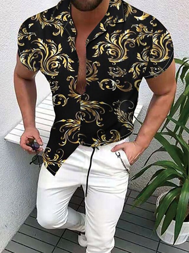 Men's Shirt Button Up Shirt Short Sleeve Designer Beach Casual Going out Spring & Summer Off Shoulder 3D Print Red Blue Gold4