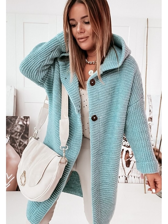 Women's Cardigan Sweater Jumper Knit Button Knitted Solid Color Hooded ...