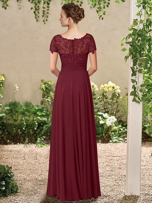 A Line Mother Of The Bride Dress Elegant V Neck Floor Length Chiffon Lace Short Sleeve With 4079