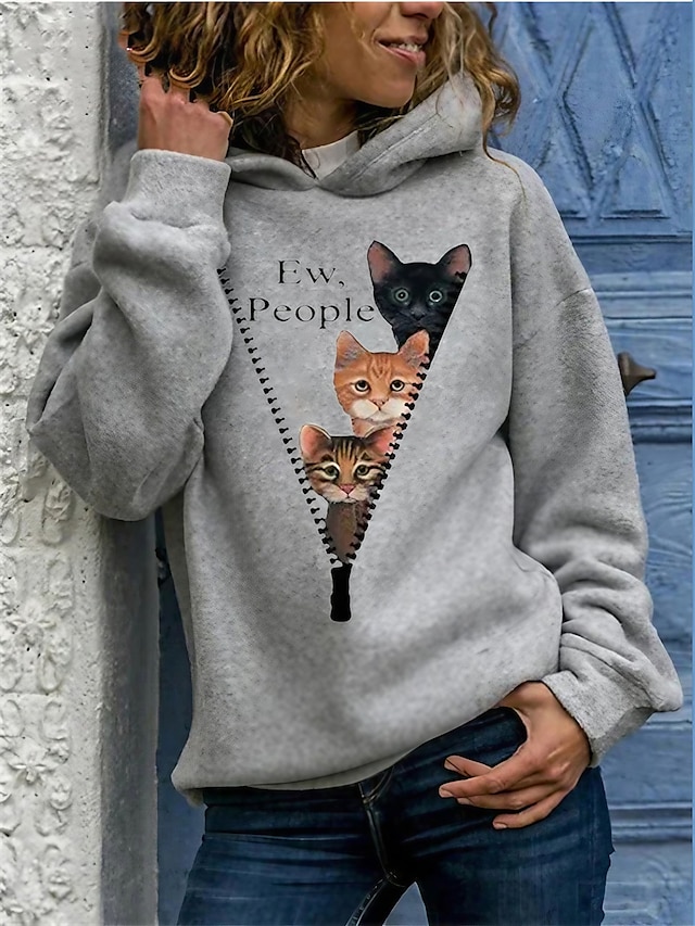  Women's Cat Pullover Hoodie Sweatshirt Patchwork Print 3D Print Casual Daily Basic Hoodies Sweatshirts  Loose Blue Gray