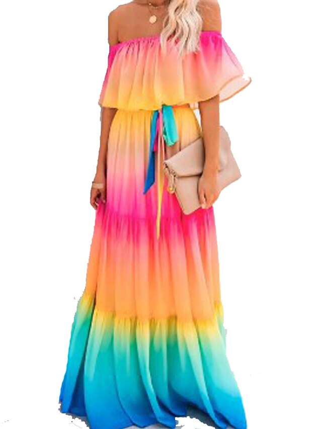 Womens Clothing Womens Dresses | Womens A Line Dress Maxi long Dress Rainbow Half Sleeve Rainbow Tie Dye Print Fall Summer Off S