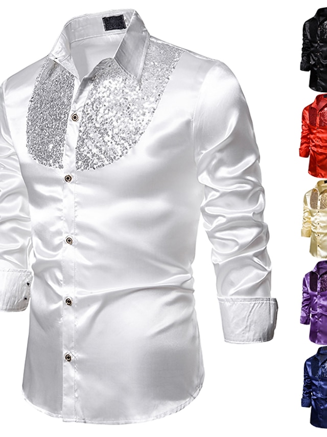 Mens Clothing Mens Shirts | Mens Shirt Solid Colored Collar Classic Collar Performance Club Sequins Long Sleeve Tops Basic Sexy 