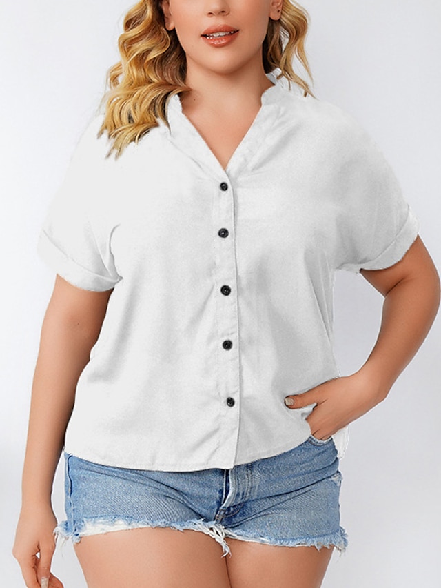 Womens Clothing Plus Size Collection | Womens Plus Size Tops Blouse Shirt Plain Button Short Sleeve V Neck Basic Daily Weekend P