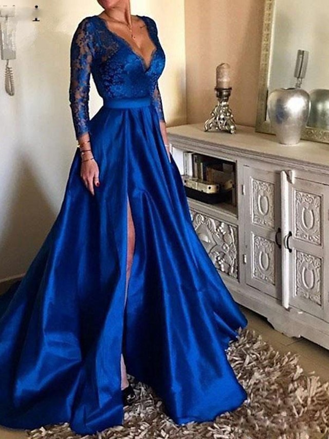  A-Line Evening Gown Elegant Dress Party Wear Formal Evening Floor Length Long Sleeve V Neck Tulle with Pleats Appliques 2024