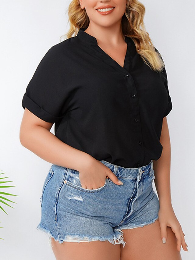 Womens Clothing Plus Size Collection | Womens Plus Size Tops Blouse Shirt Plain Button Short Sleeve V Neck Basic Daily Weekend P