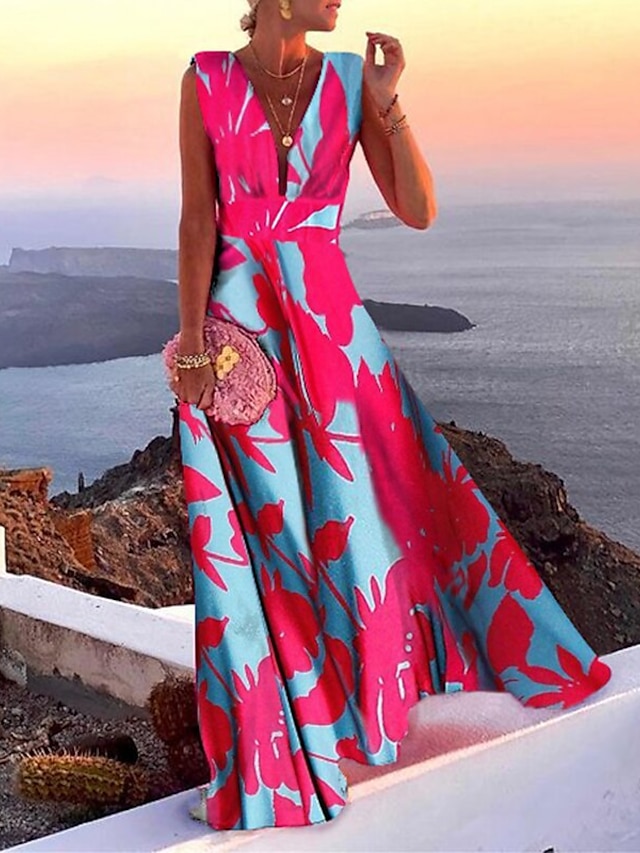  Γυναικεία Καθημερινό φόρεμα Φλοράλ Στάμπα Βαθύ V Μακρύ φόρεμα Καθημερινά Αμάνικο Καλοκαίρι Άνοιξη
