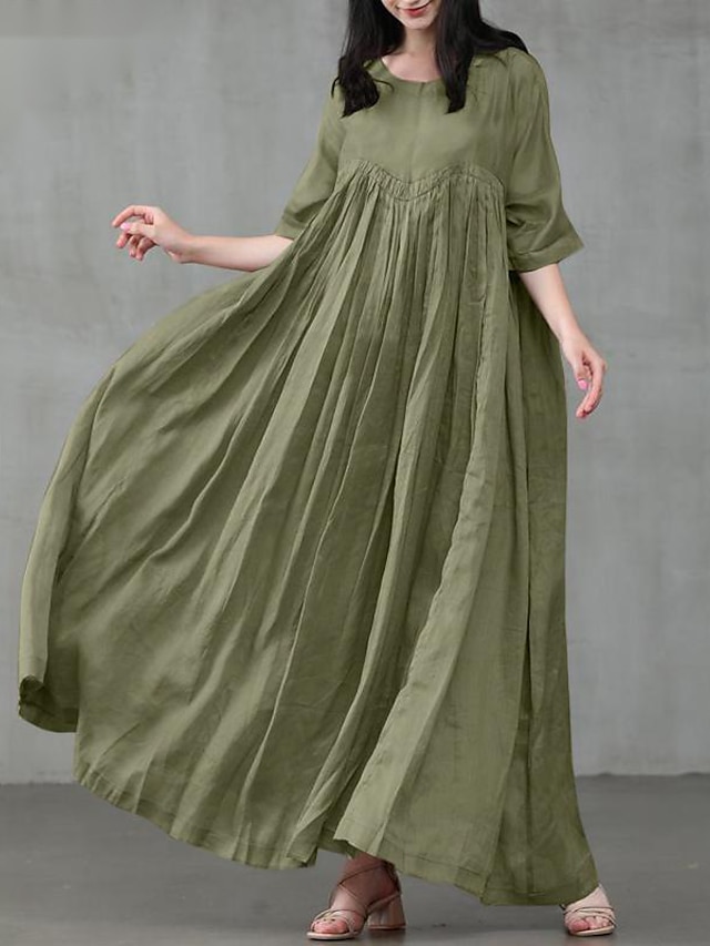  Γυναικεία Καθημερινό φόρεμα Φόρεμα από βαμβακερό λινό Φόρεμα ριχτό από τη μέση και κάτω Μακρύ Φόρεμα Μάξι Φόρεμα Μαύρο Ανθισμένο Ροζ Πράσινο του τριφυλλιού Κοντομάνικο Μονόχρωμες Σουρωτά