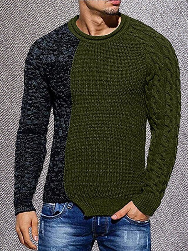  Men's Unisex Pullover Knitted Color Block Stylish Vintage Style Long Sleeve Sweater Cardigans Crew Neck Fall Winter Blue Gray Khaki