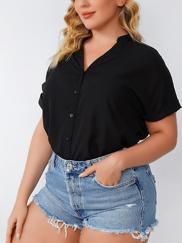 Womens Clothing Plus Size Collection | Womens Plus Size Tops Blouse Shirt Plain Button Short Sleeve V Neck Basic Daily Weekend P