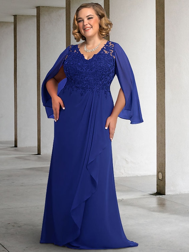 A-Line Mother of the Bride Dress Plus Size Elegant V Neck Floor Length ...