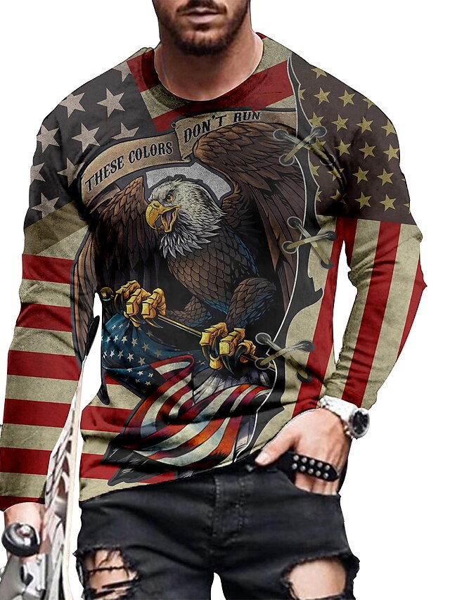  Men's T shirt Tee Shirt Tee Graphic Flag Eagle Crew Neck Blue Purple Red Gray Black 3D Print Plus Size Casual Daily Print Clothing Apparel Basic Designer Slim Fit Big and Tall / Long Sleeve