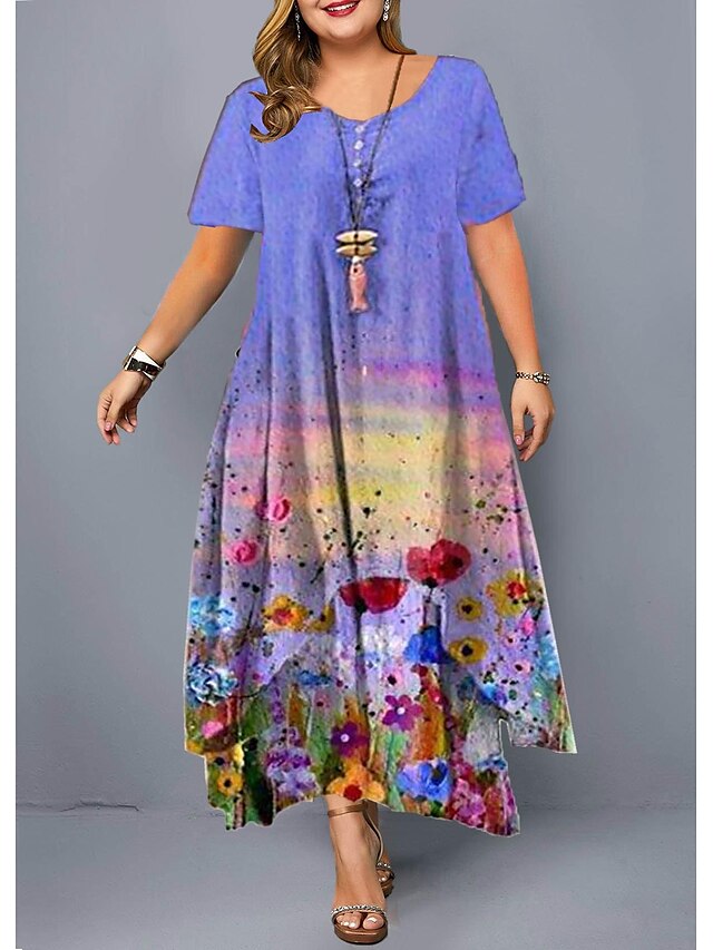 Womens Clothing Plus Size Collection | Womens Plus Size A Line Dress Floral Round Neck Print Sleeveless Fall Summer Casual Maxi 