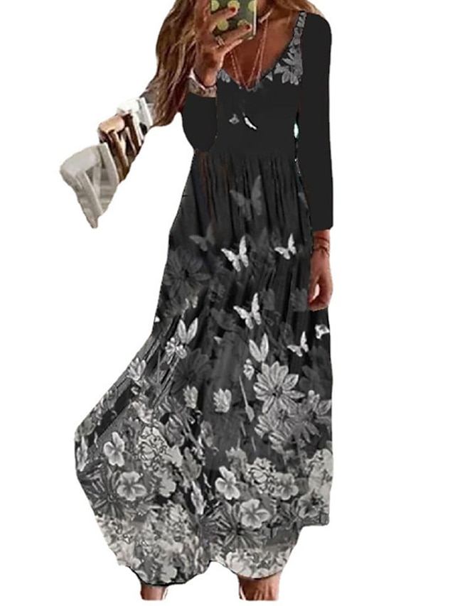  Γυναικεία Φόρεμα σε γραμμή Α Μακρύ φόρεμα Μαύρο Μακρυμάνικο Φλοράλ Πεταλούδα Στάμπα Φθινόπωρο Καλοκαίρι Λαιμόκοψη V Καθημερινό 2022 Τ M L XL XXL