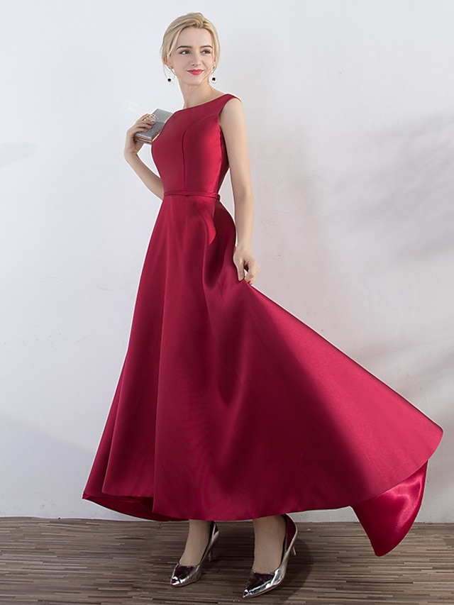  A-Line Evening Gown Red Green Dress Wedding Guest Party Wear Asymmetrical Sleeveless Jewel Neck Satin with Sleek 2024