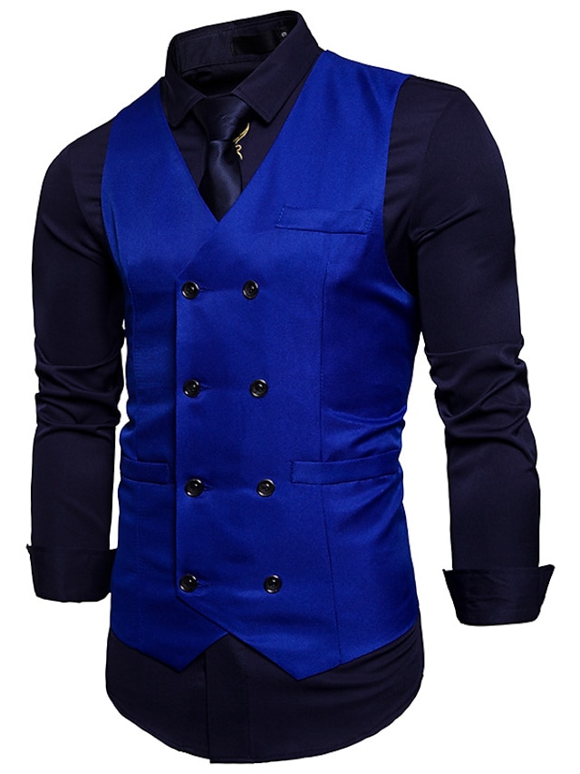  Herre سترة Veste Bryllup Arbeid Gate Virksomhet Elegant Forretning Høst Lomme Polyester Pustende Helfarge Dobbeltkneppet V-hals Normal Svart Hvit Vin Navyblå Vest