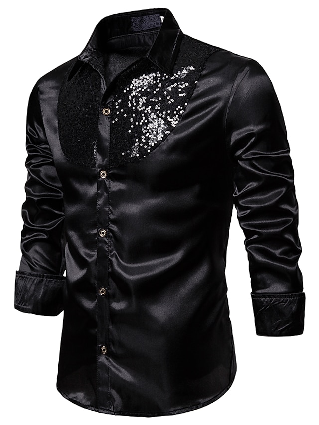 Mens Clothing Mens Shirts | Mens Shirt Solid Colored Collar Classic Collar Performance Club Sequins Long Sleeve Tops Basic Sexy 