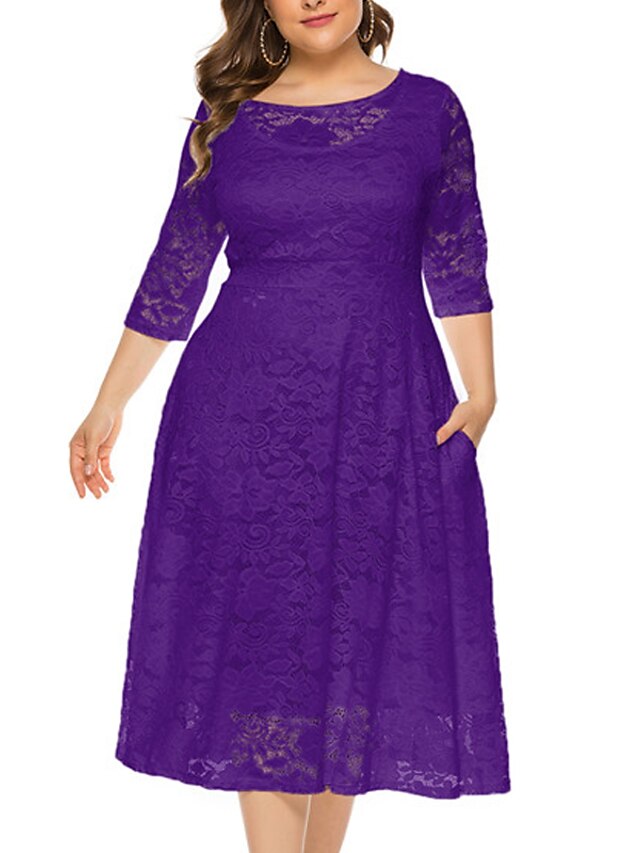 Women's Plus Size Floral Party Dress Lace Crew Neck 3/4 Length Sleeve ...