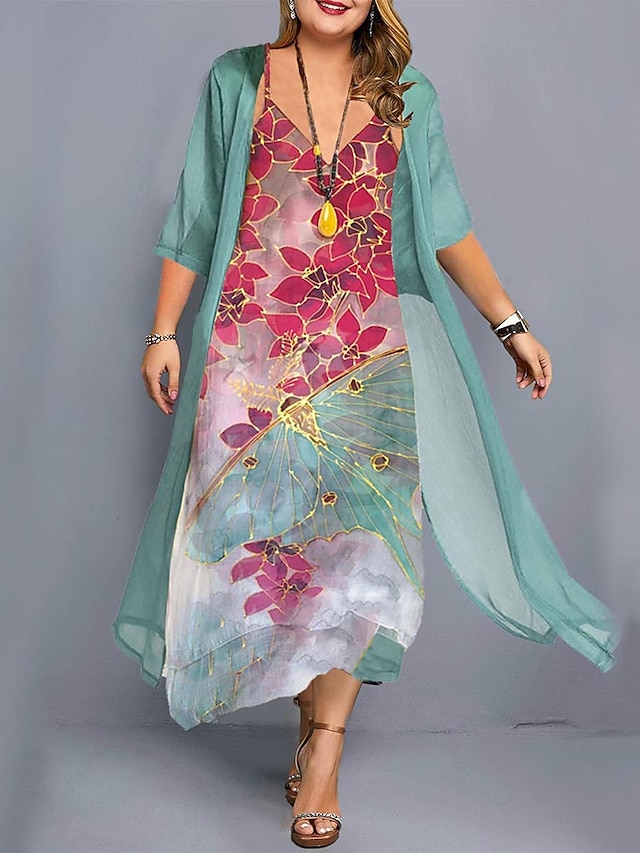 Women‘s Plus Size Curve Two Piece Dress Floral Crew Neck Print 3/4 ...