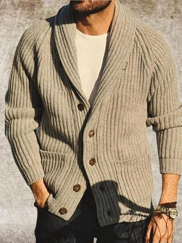  Men's Sweater Cardigan Knit Knitted Solid Color V Neck Stylish Vintage Style Daily Wear Fall Winter Khaki S M L / Long Sleeve