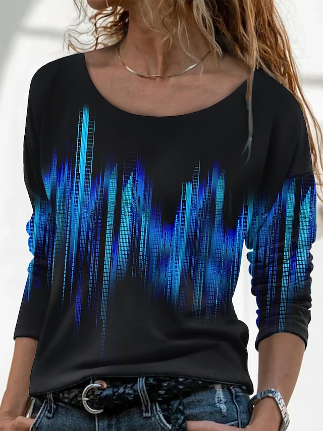  Women's Abstract Painting T shirt Graphic Long Sleeve Print Round Neck Basic Tops Blue Purple Green