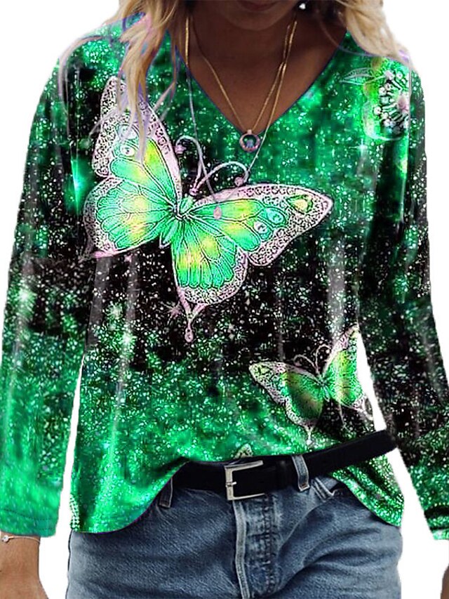 Womens Clothing Plus Size Collection | Womens Plus Size Tops T shirt Butterfly Sequins Print Long Sleeve V Neck Streetwear Daily